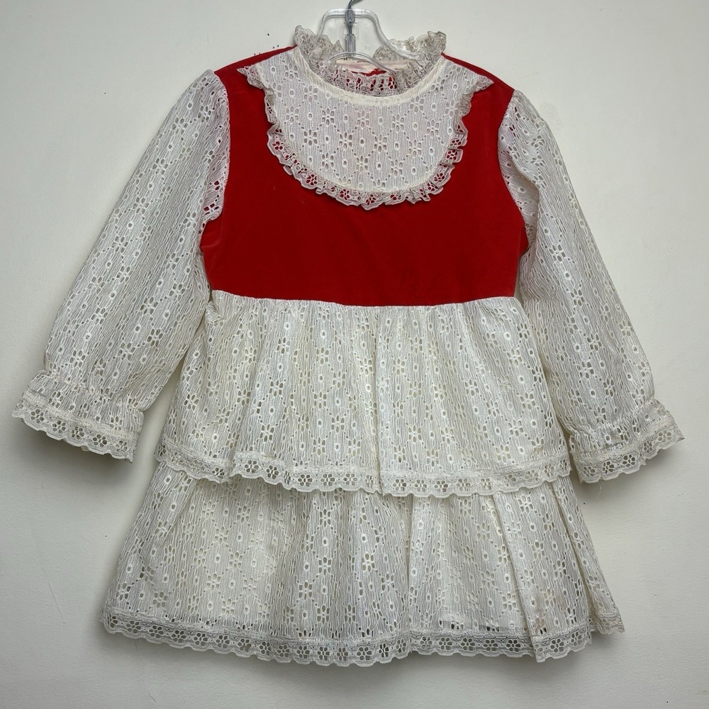Vintage 50s 60s Victorian Unbranded Baby Girls 2T 3T Red Velvet Lace Dress
